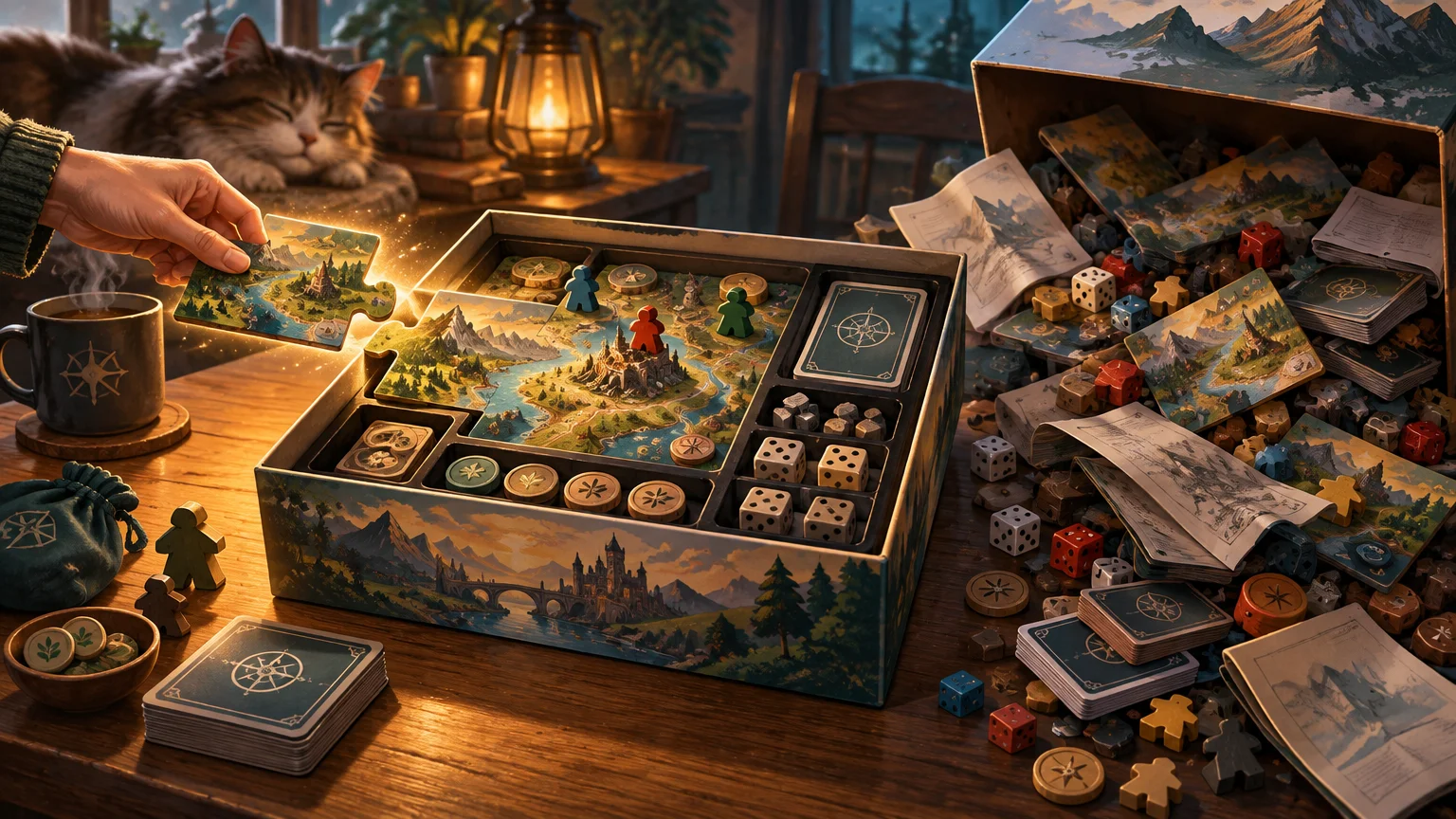 Warm editorial illustration of an organized board game box with a fantasy landscape map, dice, tokens, cards, and colored pawns on the left, contrasted with a cluttered spill of extra components and rule sheets on the right; a hand adds a glowing puzzle-shaped map tile while a cat naps behind the table.