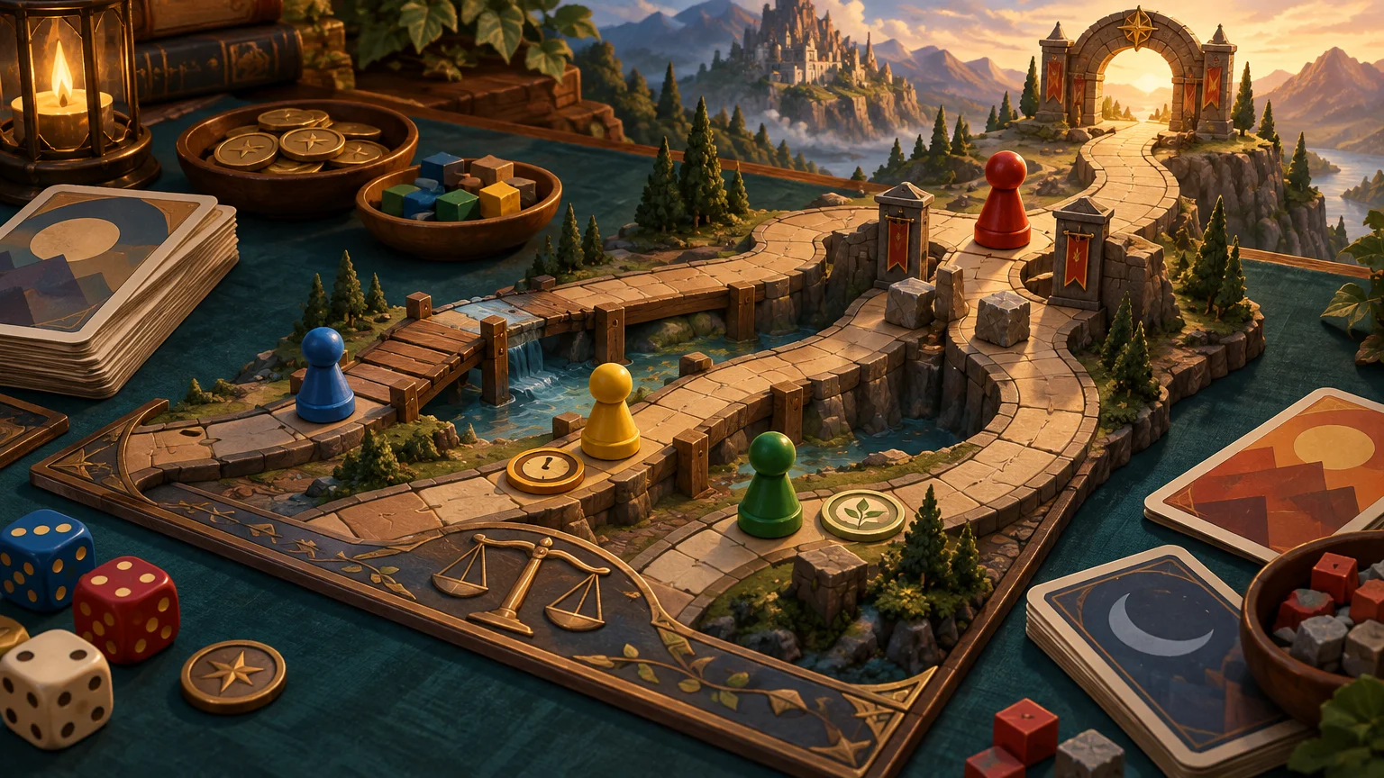 Warmly lit fantasy board-game scene with a winding stone path, red, blue, yellow, and green pawns, bridges over water, dice, tokens, card decks, and a glowing archway leading toward a distant castle.