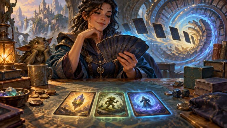 Painterly fantasy illustration of a smiling woman in blue robes considering a fan of cards at a table, with three glowing illustrated cards, dice, coins, books, a lantern, and a small goblin-like companion beside her; floating cards swirl toward a bright blue portal behind them.