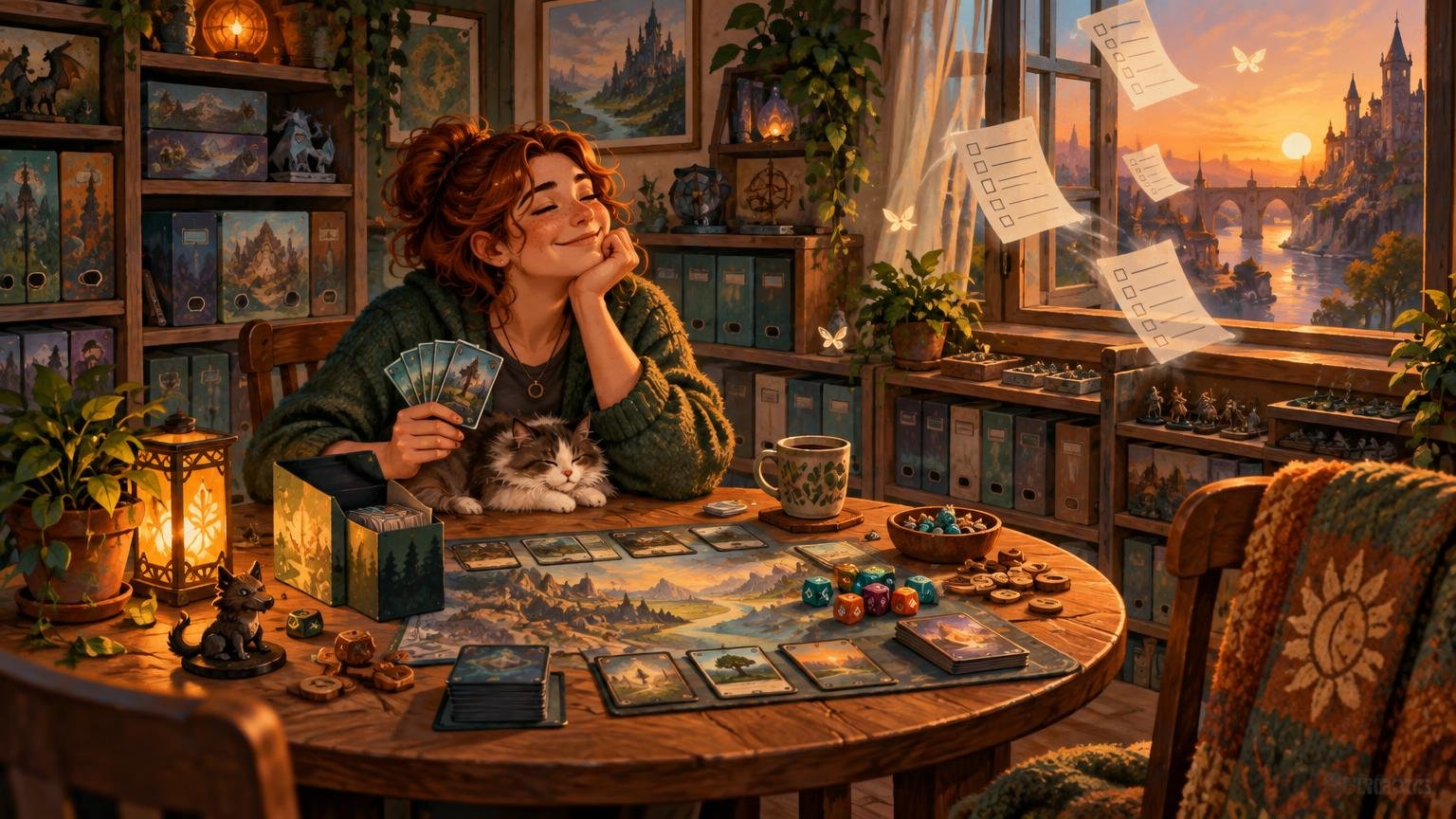 Warm painterly illustration of a smiling collector holding fantasy cards beside a sleeping cat at a table covered with cards, dice, tokens, binders, and a playmat, while blank checklist sheets float near a sunset window.