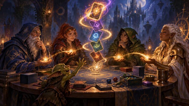 Painterly fantasy scene of four spellcasters and a goblin around a round table as glowing illustrated cards spiral upward between them.