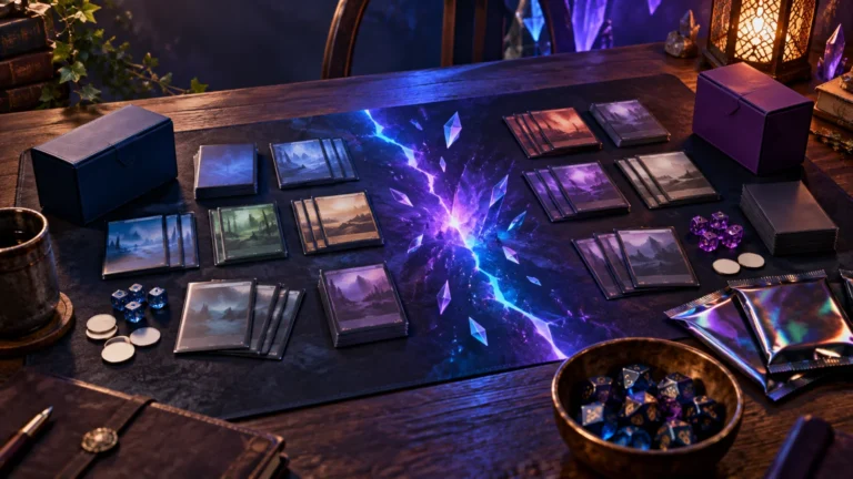 Fantasy-themed tabletop card game setup with stacks of illustrated cards, deck boxes, dice, tokens, foil packs, and a glowing purple-and-blue fractured-crystal playmat on a wooden table.
