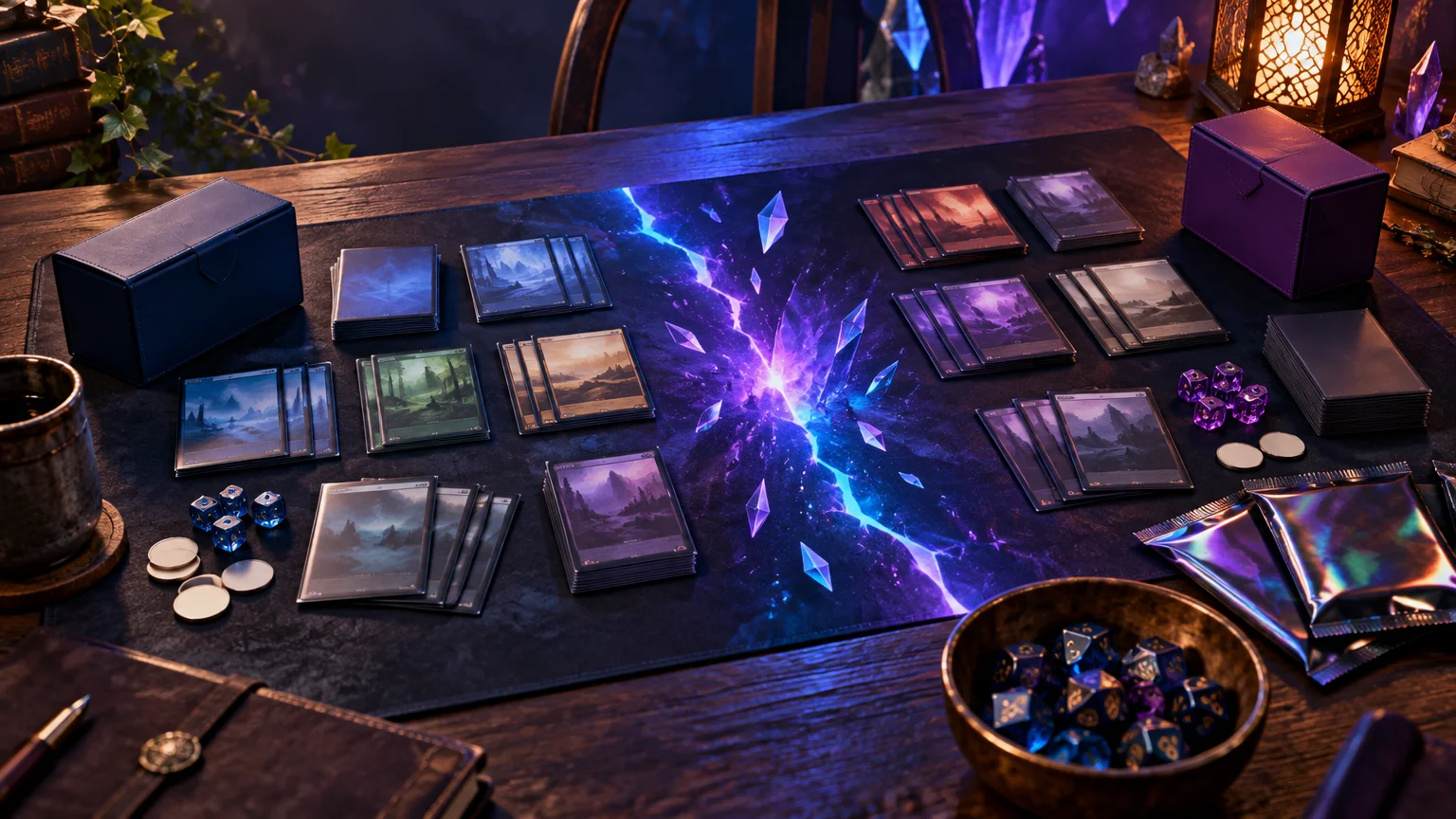 Fantasy-themed tabletop card game setup with stacks of illustrated cards, deck boxes, dice, tokens, foil packs, and a glowing purple-and-blue fractured-crystal playmat on a wooden table.