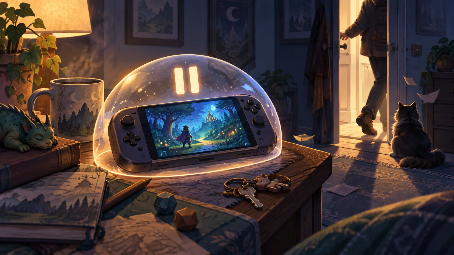 Painterly evening scene of a handheld game console resting under a glowing transparent dome with a pause symbol, while a person leaves through an open door and a cat watches nearby.