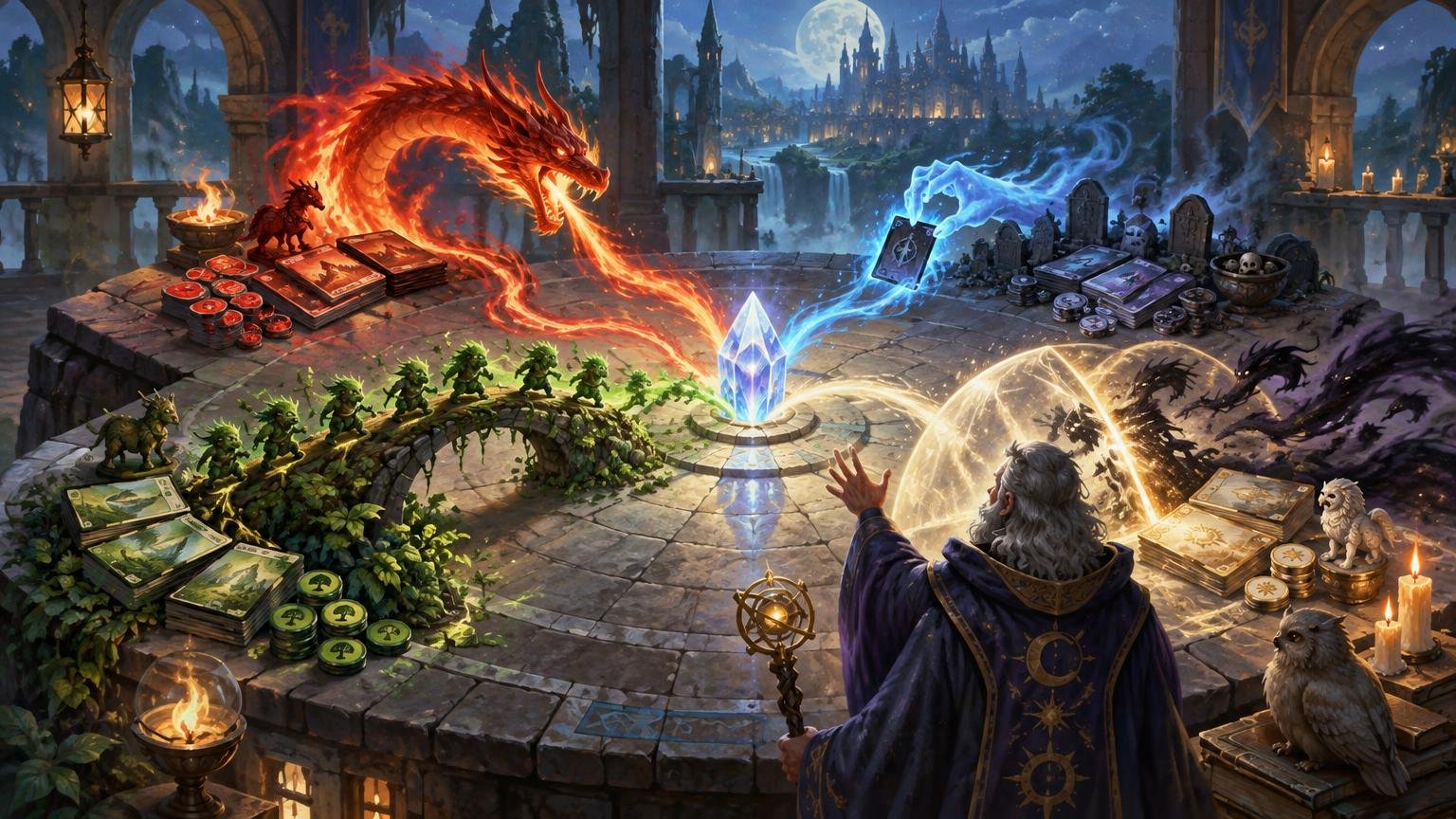Painterly fantasy scene of a robed wizard at a circular stone game table, with a glowing crystal at the center and several magical routes converging on it: a fire dragon, spectral blue cards, goblins crossing a vine bridge, and shadowy creatures beneath golden shields.