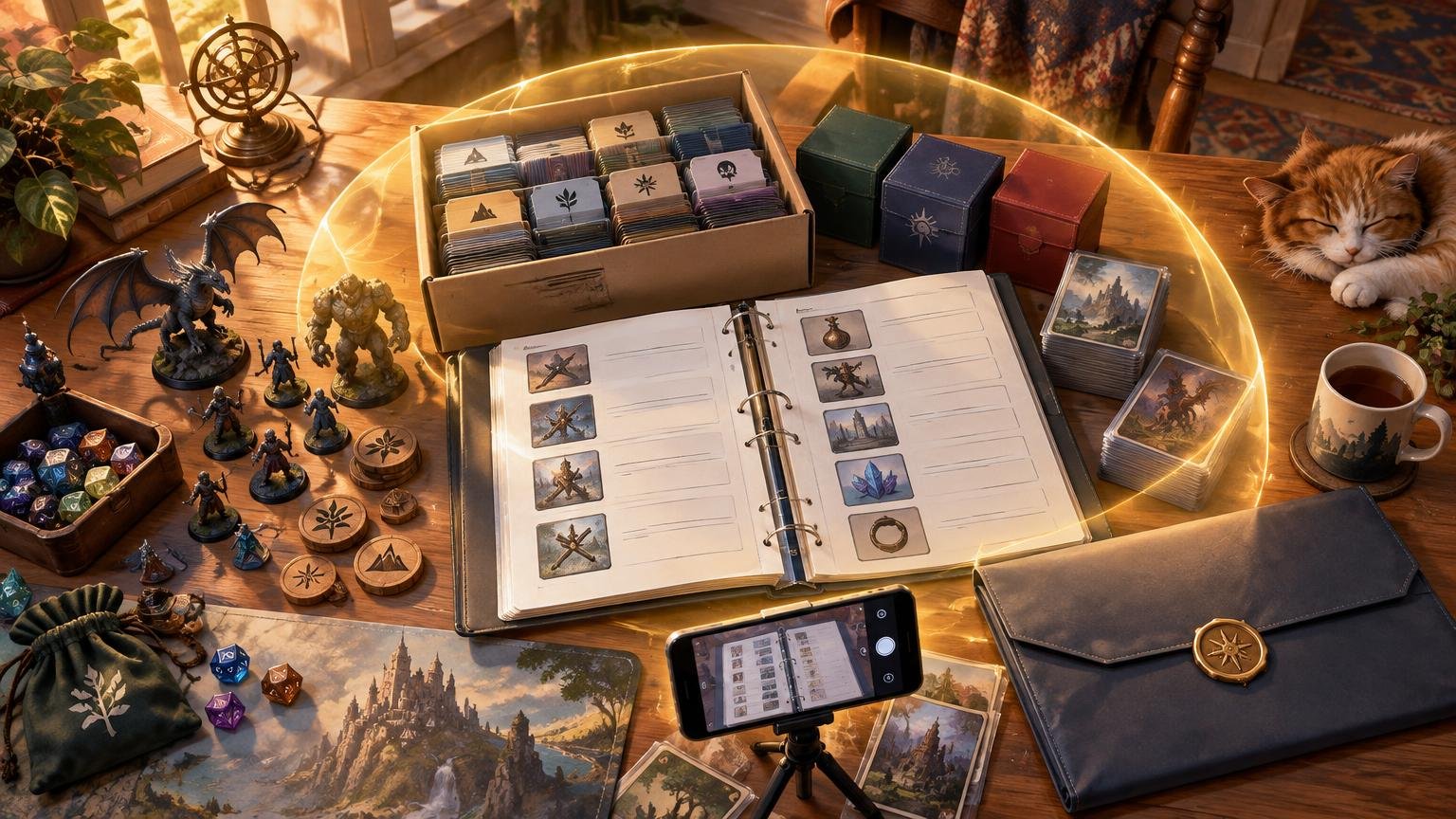 Warm editorial illustration of a tabletop game collection organized on a wooden table, with card boxes, dice, miniatures, deck boxes, a binder inventory, a phone photographing it, and a sleeping orange cat under a glowing protective dome.
