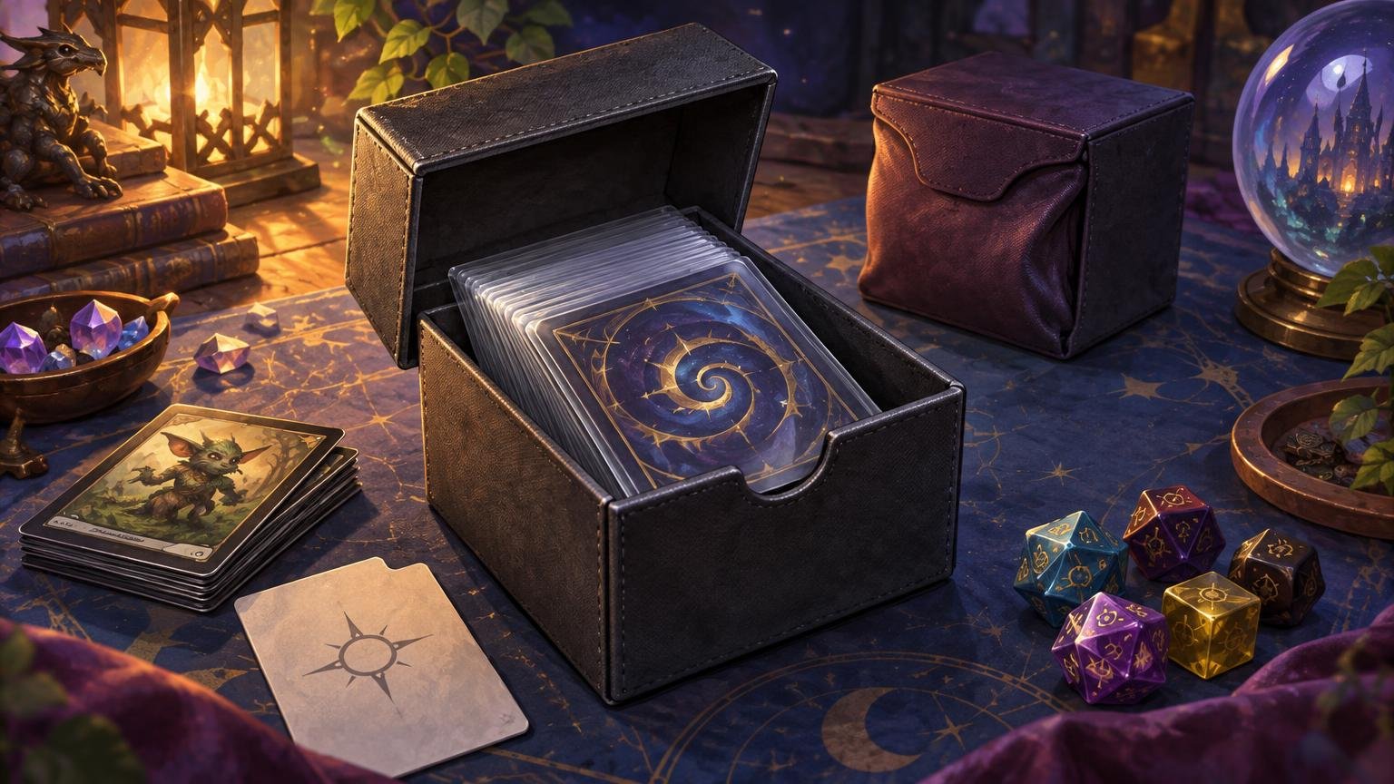 Painterly tabletop scene with an open black deck box holding a thick stack of sleeved fantasy cards, alongside a second closed box, polyhedral dice, loose cards, crystals, and a dragon figurine on a star-patterned cloth.