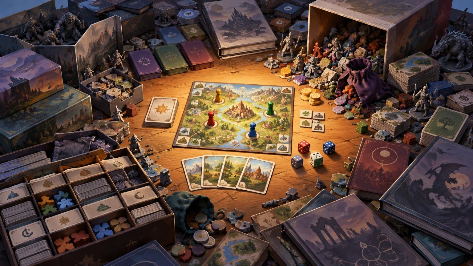Warmly lit editorial illustration of a crowded tabletop board game setup, with a small central fantasy map and colored pawns surrounded by overflowing boxes, card stacks, dice, coins, tokens, miniatures, and game pieces.
