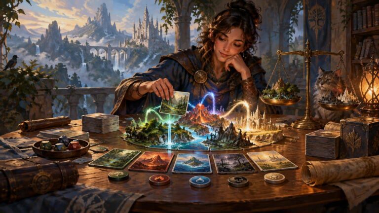 Painterly fantasy scene of a robed player arranging landscape-illustrated cards around a glowing miniature realm, with dice, card stacks, elemental tokens, a balance scale, a cat, and a distant castle valley.