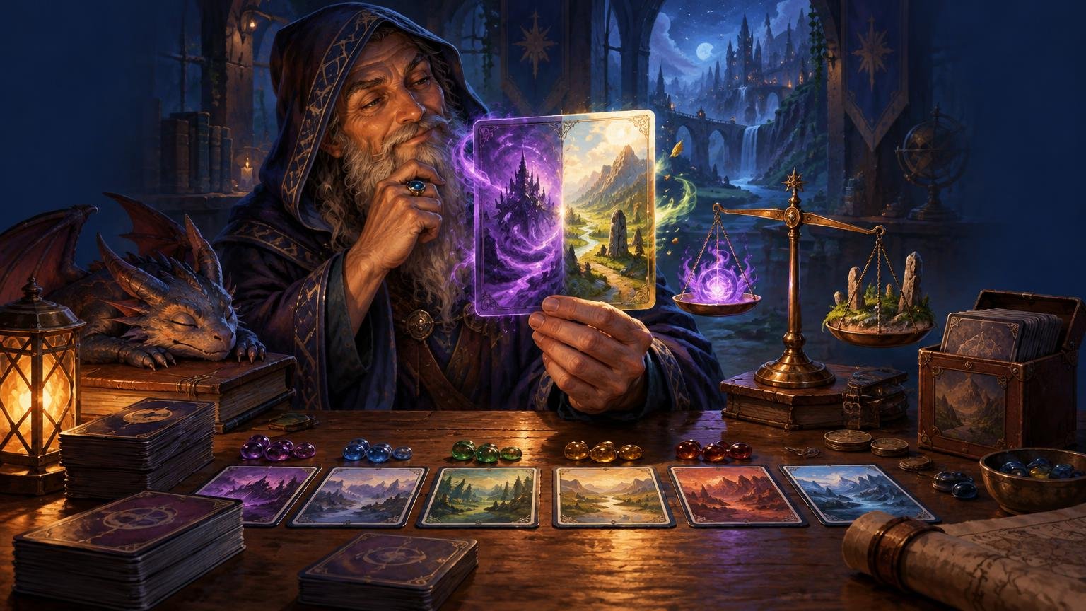 Painterly fantasy scene of a hooded wizard weighing a glowing double-sided landscape card beside decks, colorful glass tokens, a sleeping baby dragon, and a balance scale holding magic and terrain.