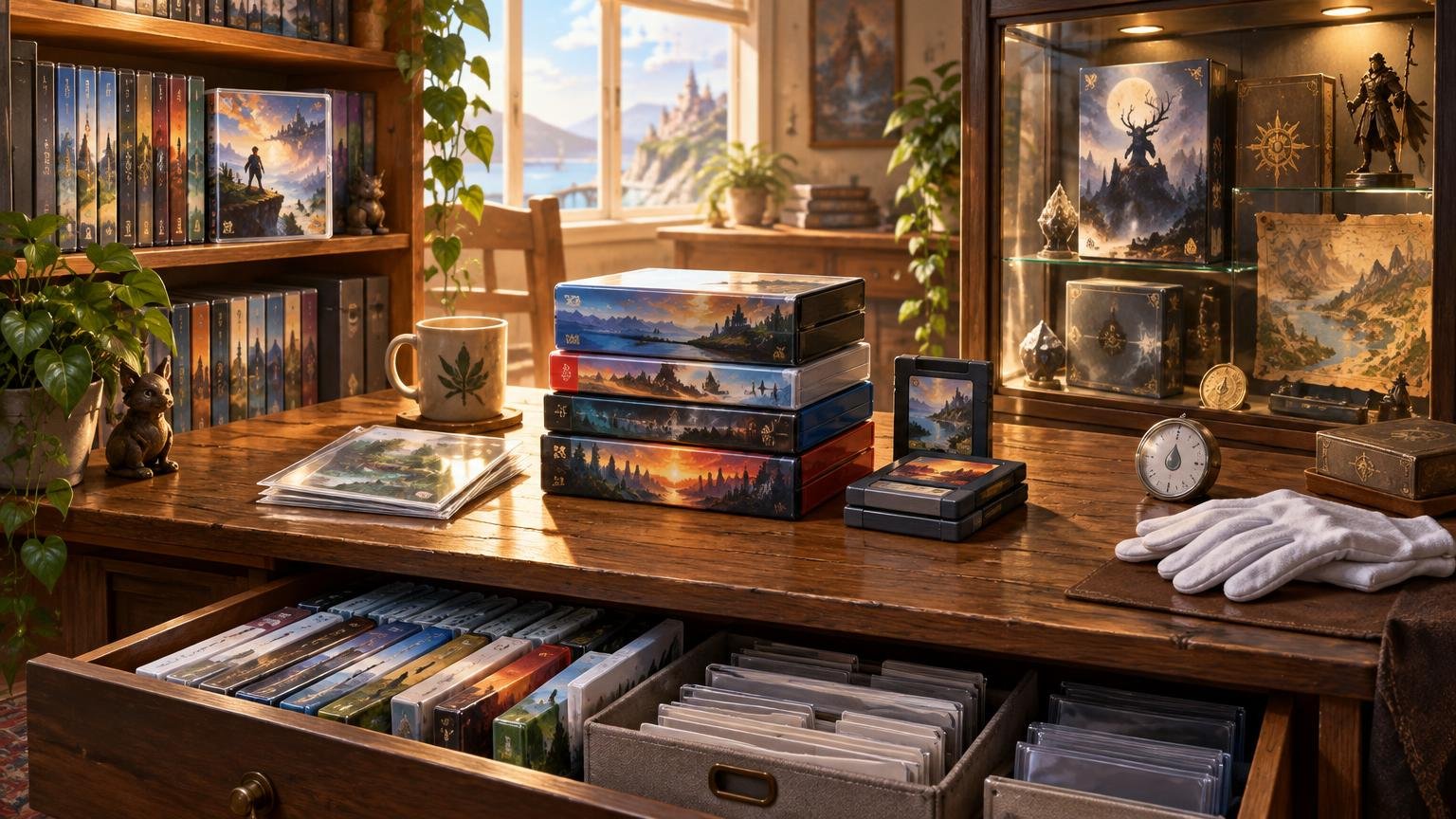 Warmly lit hobby room with fantasy-illustrated storage boxes, sleeved cards, an open drawer of cases, a glass display cabinet, and white handling gloves arranged on a wooden desk.