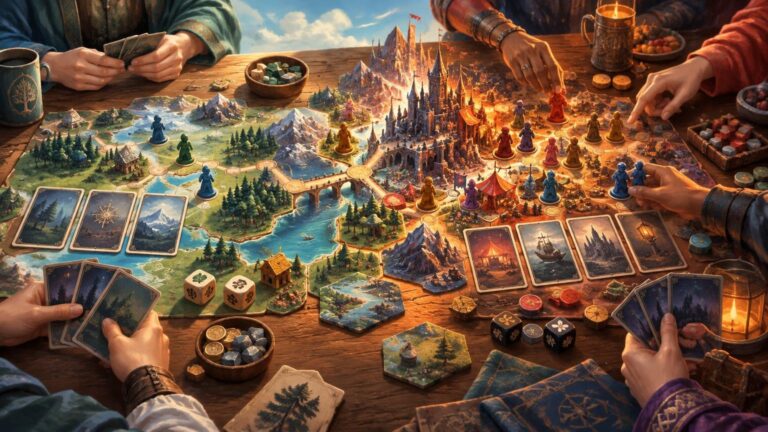 Warm painterly overhead scene of a fantasy tabletop board game, with several players’ hands around a sprawling map of forests, rivers, mountains, and a glowing castle city. Colorful pawns, cards, dice, tokens, bowls of pieces, and a candle-lit mug fill the wooden table.