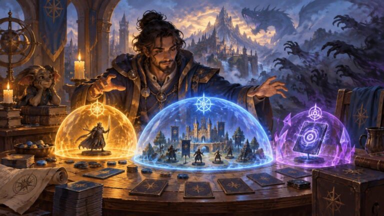 Painterly fantasy scene of a robed mage at a tabletop, conjuring three glowing protective domes around a heroic miniature, a small army before a castle, and an upright card amid purple crystals, while shadowy claws and a dragon loom outside.