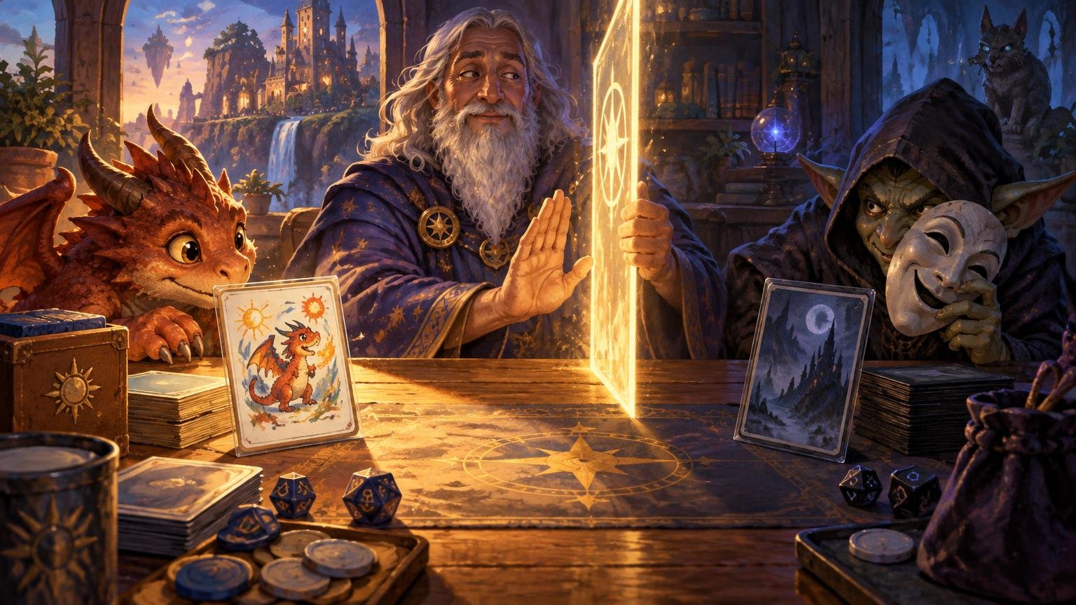 Painterly fantasy scene of a smiling wizard dividing a tabletop with a glowing magical barrier, a friendly red dragon beside a bright illustrated card on one side and a hooded goblin holding a theatrical mask beside a dark moonlit card on the other; dice, card stacks, and tokens cover the table.