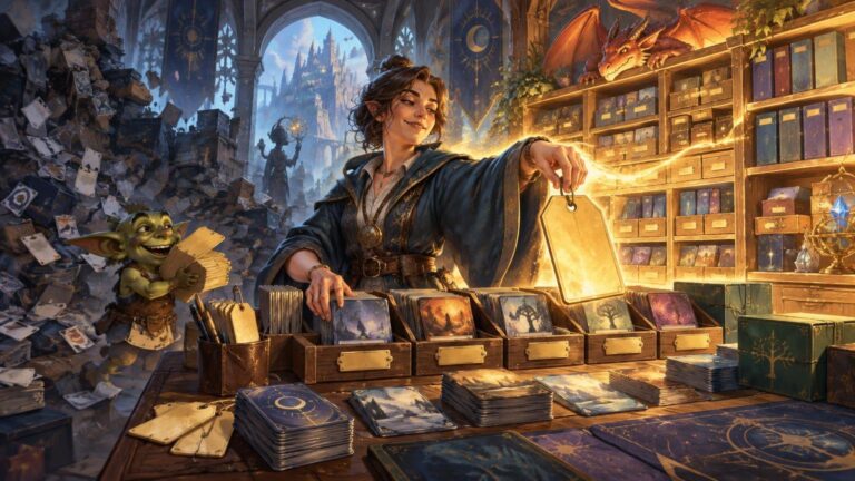 Painterly fantasy card-shop scene with a smiling robed merchant holding a glowing blank price tag over rows of illustrated cards, while a small green goblin carries a stack and a red dragon rests on a shelf.