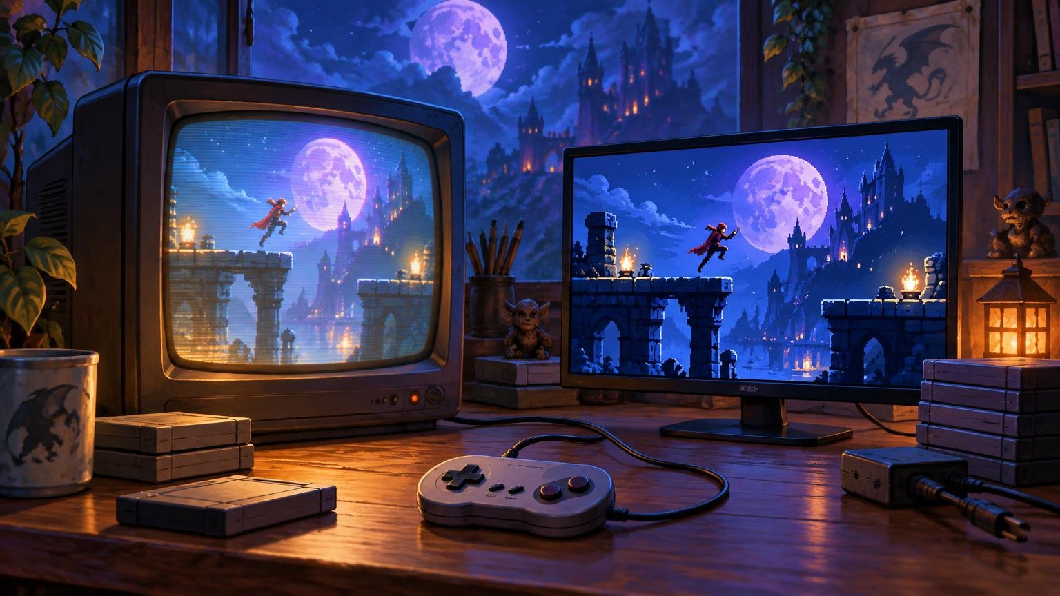 Editorial illustration of a curved CRT television and a modern flat monitor side by side, both showing a moonlit pixel-art castle platform game, with a wired controller and game-console-like boxes on a warmly lit desk.