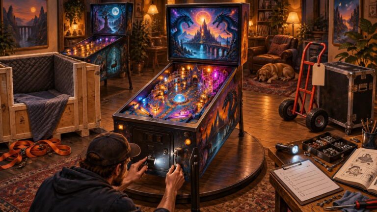Warmly lit hobby room with two fantasy-themed pinball machines, one being inspected beside moving crates, a hand truck, tools, and a checklist.