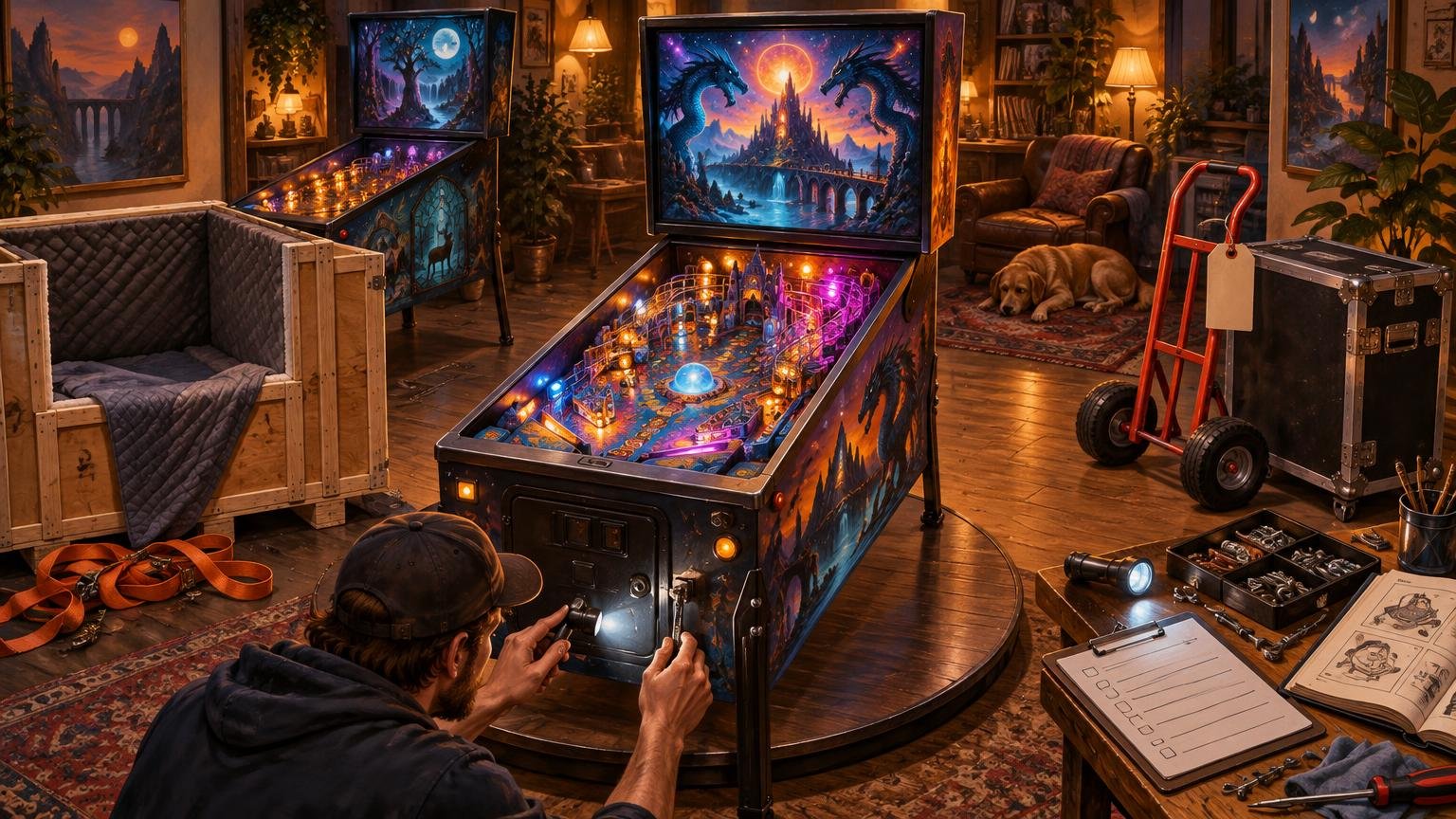 Warmly lit hobby room with two fantasy-themed pinball machines, one being inspected beside moving crates, a hand truck, tools, and a checklist.