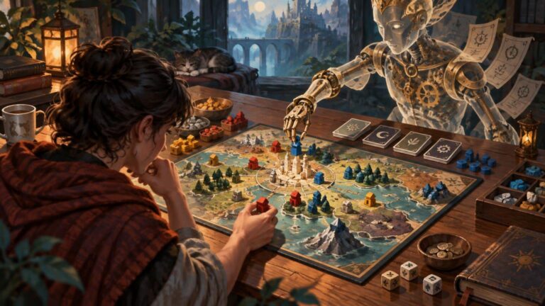 Warm painterly illustration of a person playing a colorful fantasy map board game across from a brass-and-glass clockwork humanoid, with wooden buildings, tokens, symbol-backed cards, dice, lantern light, and a sleeping cat by an open window overlooking a distant castle.