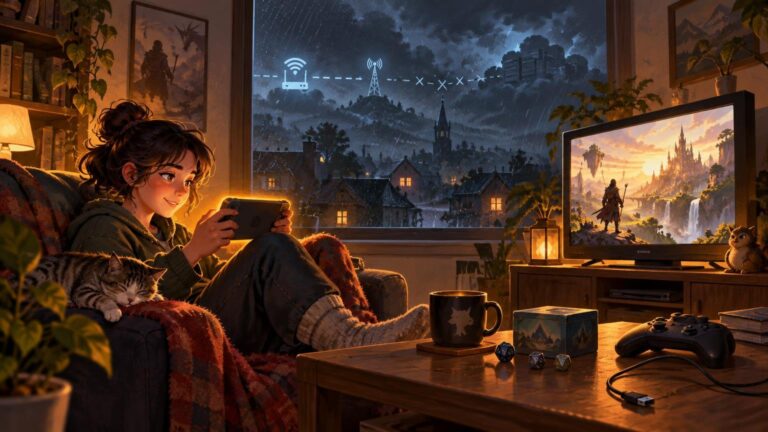 Warm painterly illustration of a person relaxing with a handheld game beside a sleeping cat while a stormy window shows a broken Wi-Fi signal; a television still displays a bright fantasy game world.